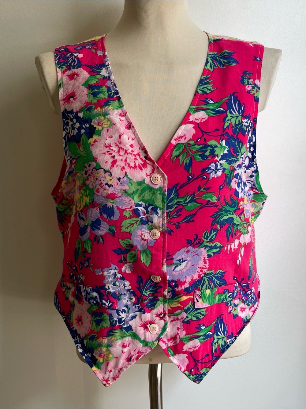 Vintage 90s Counterparts Pink Floral Blue Purple Button Vest Rayon 16 Medium